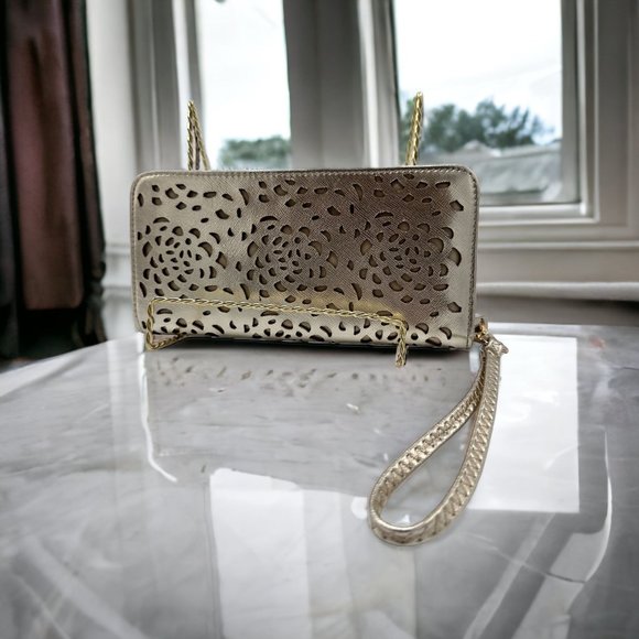 Vieta Gold Zip Around Faux Leather Metallic Laser Cut Wallet - Picture 1 of 8